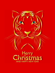 Happy New Year and Merry Christmas vertical postcard. The head of a golden striped cute tiger on a red background. The wild tiger symbol of 2022 wishes you happiness and prosperity. Vector