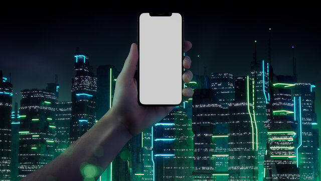 Smartphone with Empty Display. Futuristic Design Template with Green and Blue neon Cityscape Backdrop. 