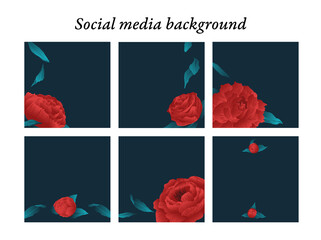 Plantillas de diseño para publicaciones en redes sociales de motivos florales modernos en tonos rojos y fondo oscuro con espacio para texto e imágenes - obrazy, fototapety, plakaty