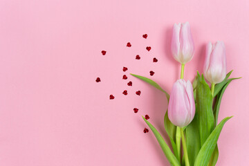 Pink tulip flowers with glitter of hearts on a pink background. Love, International Women's Day, Mother's Day and Valentine's Day concept. Copy space
