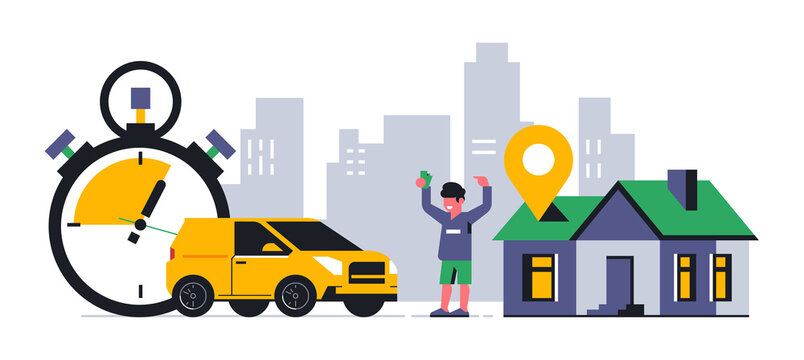 Online food delivery service to your home. Fast food delivery by courier car, money, dollar, house, city, stopwatch, time, gps point. Vector illustration © kostymo