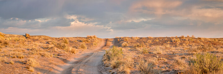 dirt sandy road in a desert in sunset light, San Rafael Swell area, Utah, panoramic web banner