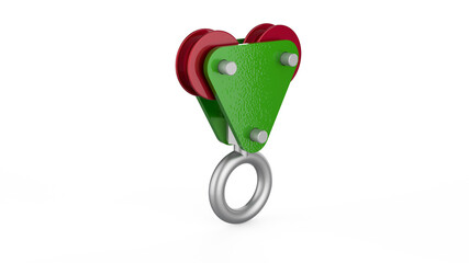 3d illustration of red green colored pulley block on white isolated background