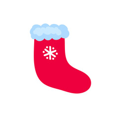 Red chrismas sock decorated with snowflake. Vector flat illustration isolated on white.