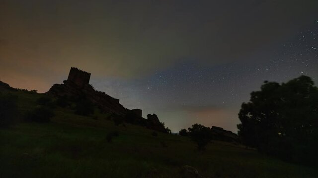 Milky way Timelapse over Zafra castle in Guadalajara, Spain