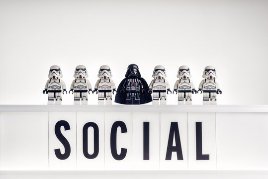 Vader with group of stormtroopers. Social concept. Illustrative editorial. December 25, 2021