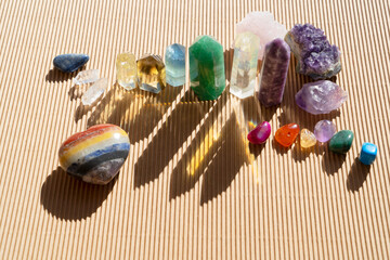 Healing crystals on brown background