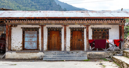 Exterior of a monks dorm next to a monastery in Haa Valley, Bhutan, Asia
