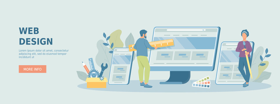 Web design and development. Team of designers working on website or application  interface, ui ux design.  Promotional web banner. Cartoon flat vector illustration with people characters.