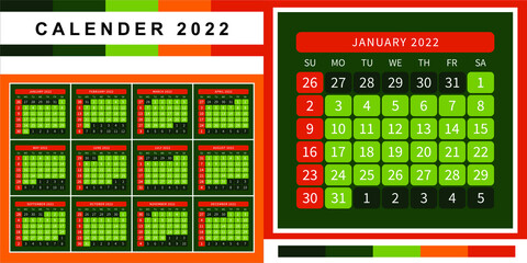 2022 calendar planner set for corporate design week template starting Sunday. green and orange design