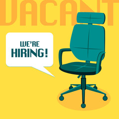 Text We're hiring! Director's chair. Employee's place. Job search advertising banner. Vacancy