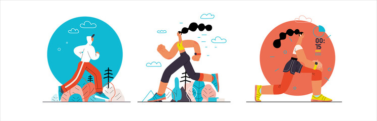 Runners - a set of illustrations of running and exercising outside people