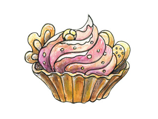 Watercolor illustration with cake. The isolated image on a white background.