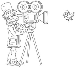Retro filmmaker in a top hat with his old camera making a film with a flying small bird, black and white vector cartoon illustration for a coloring book page