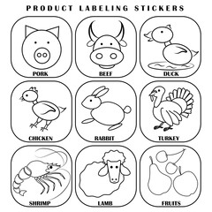 Stickers for labeling products on a white background, isolated elements, vector illustration, pork, beef, rabbit, duck meat, chicken meat, lamb, shrimp, turkey meat, fruits