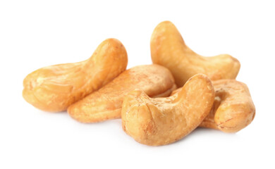 Pile of tasty organic cashew nuts isolated on white