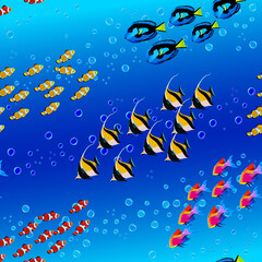Naklejka na ściany i meble Multicolored fish in a vector pattern.Multicolored fish and bubbles on a colored background in a seamless vector pattern.