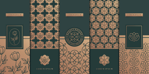 Collection of design elements,labels,icon,frames, for logo,packaging,design of luxury products. luxury golden packaging design flower,nature,pattern,minimalist design for packaging inspiration.