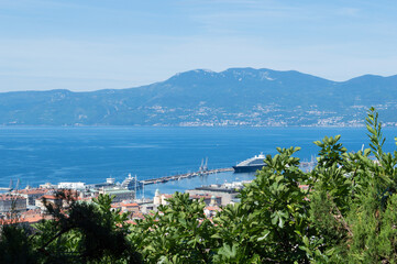 Naklejka na ściany i meble Rijeka, Croatia, a panoramic view over the city, beautiful Adriatic sea and Učka mountains, a view through a fig tree