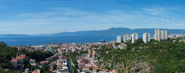 Fototapeta premium Rijeka, Croatia, a panoramic view over the city, beautiful Adriatic sea and Učka mountains