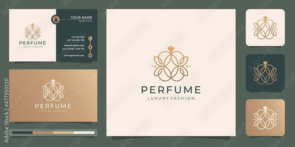 Wall mural elegant perfume glass bottle logo design template linear style design and business card premium. - Wall murals