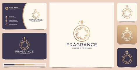 elegant perfume gold logo with leaf abstract circle concept style design template and business card.