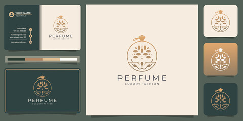 luxury perfume bottle logo template line concept style with gold color and business card.