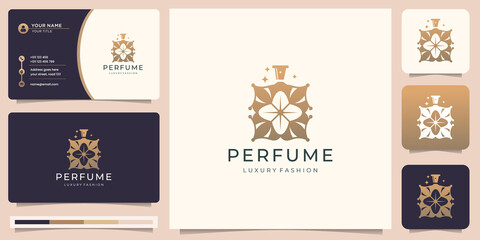symbol perfume bottle gold logo with abstract shape concept style design and business card template