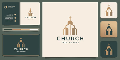 minimal linear style church christian logo design, golden color and business card inspiration.