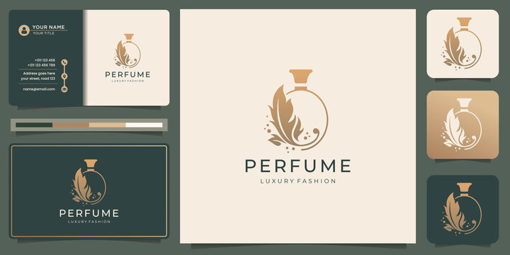Luxury elegant perfume logo inspiration and business card design. bottles perfume spray logo with beauty flower.