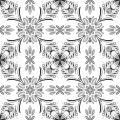 Seamless pattern of flowers and ornaments with black lines on a white background. Background for paper, pattern for kitchen tiles, hand drawing for coloring