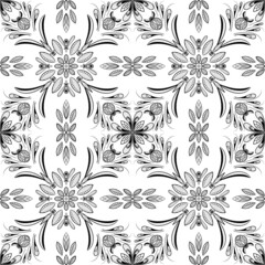 Seamless pattern of flowers and ornaments with black lines on a white background. Background for paper, pattern for kitchen tiles, hand drawing for coloring