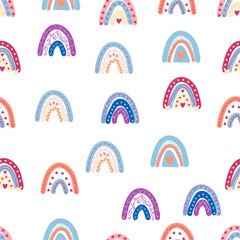 Rainbow seamless pattern in pastel colors. Scandinavian baby hand drawn illustration for textiles and newborn clothes.