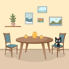 Illustration of a kitchen. Cosy kitchen interior design with furniture. Dining table with chairs, cups and teapot, pictures on the wall, plant, sitting cat. Flat style vector	