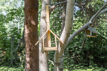 New yellow bird and squirrel feeder house from plywood is hanging on a brown tree in a park in summer