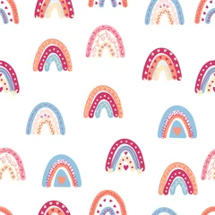 Fototapete Regenbogen Nahtloses Regenbogenmuster in Pastellfarben. Skandinavische Babyhand gezeichnete Illustration für Textilien und neugeborene Kleidung.
