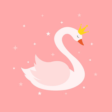 Swan isolated on pink background. Vector illustration of graceful swan bird in crown. Flat design