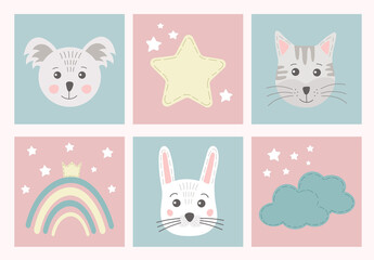 Collection of cute posters with rainbow, star, animal portraits in hand drawn Skandinavian style in pastel collors. Cute simple funny elements and animals for kids, baby, nursery, greeting cards.