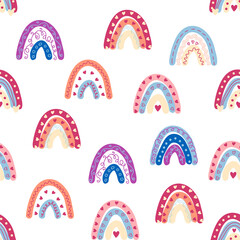 Rainbow seamless pattern in pastel colors. Scandinavian baby hand drawn illustration for textiles and newborn clothes.