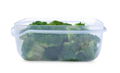 Fresh broccoli in plastic container isolated on white
