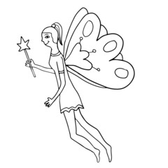 Happy fantasy doodle fairy flying with magic wand. 
