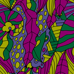 Abstract colorful doodle seamless pattern. Fantasy art background with messy shapes.