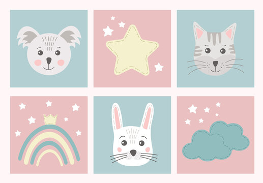 Collection of cute posters with rainbow, star, animal portraits in hand drawn Skandinavian style in pastel collors. Cute simple funny elements and animals for kids, baby, nursery, greeting cards.