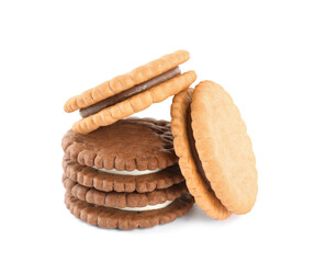 Different tasty sandwich cookies on white background