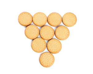 Tasty sandwich cookies on white background, top view