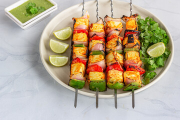 Indian Grilled Cottage Cheese with Green Chutney , Indian Vegetarian Appetizer