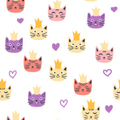 Seamless cat princess pattern. Cute princess cats seamless pattern, little kitty.