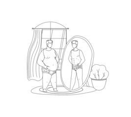 Fat man character looking at mirror seeing slim attractive sporty athlete thin male in reflection outline vector drawing. Motivation dream goal hope transformation