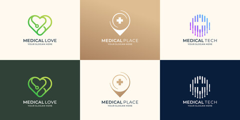 set of collection medical logo design inspiration, medical cross plus, love symbol, tech concept.