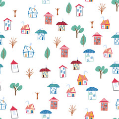 Pattern seamless kids with home doodle coloring element. house pattern, cute colorful homes, funny children decor.